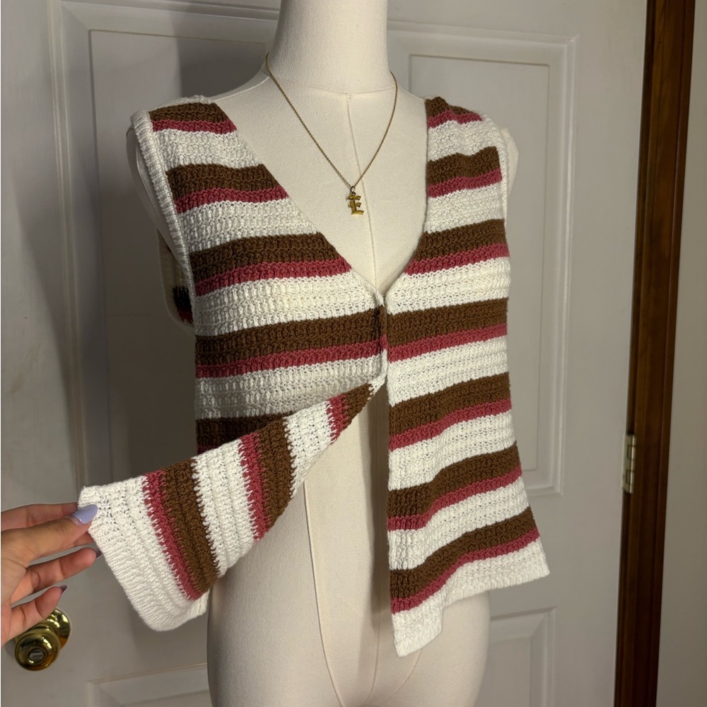 Blue Rain Women's V-Neck Striped Sweater Vest - Brown, Pink, and White